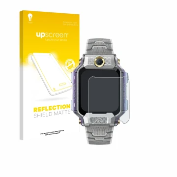 Parte frontal de un envase de producto con el logotipo de la marca upscreen. Al lado se muestra el dispositivo Imoo Watch Phon