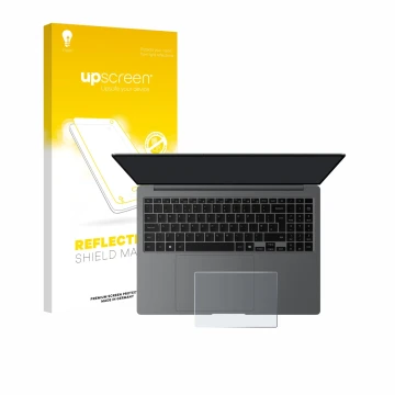 Parte frontal de un envase de producto con el logotipo de la marca upscreen. Al lado se muestra el dispositivo Samsung Galaxy 