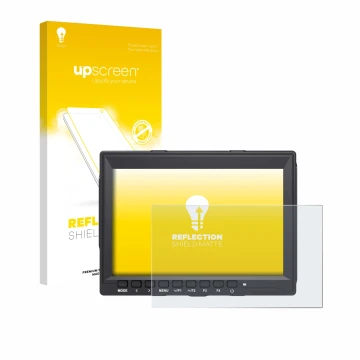 Parte frontal de un envase de producto con el logotipo de la marca upscreen. Al lado se muestra el dispositivo Feelworld FW759