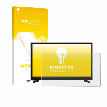 Parte frontal de un envase de producto con el logotipo de la marca upscreen. Al lado se muestra el dispositivo JVC LT-24VRH355