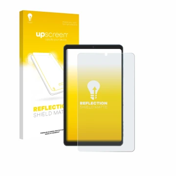 Parte frontal de un envase de producto con el logotipo de la marca upscreen. Al lado se muestra el dispositivo Chuwi AuPad Min