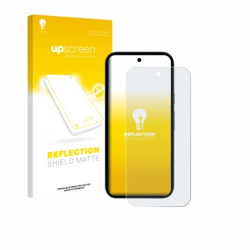 Parte frontal de un envase de producto con el logotipo de la marca upscreen. Al lado se muestra el dispositivo Google Pixel 10