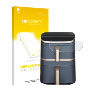 Parte frontal de un envase de producto con el logotipo de la marca upscreen. Al lado se muestra el dispositivo Cosori Turbo To