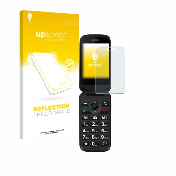 Parte frontal de un envase de producto con el logotipo de la marca upscreen. Al lado se muestra el dispositivo Simvalley Mobil