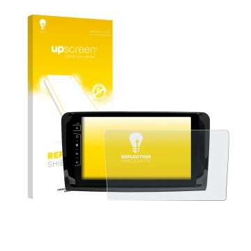 Parte frontal de un envase de producto con el logotipo de la marca upscreen. Al lado se muestra el dispositivo Dynavin D9-DF43