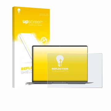 Parte frontal de un envase de producto con el logotipo de la marca upscreen. Al lado se muestra el dispositivo Geekom GeekBook