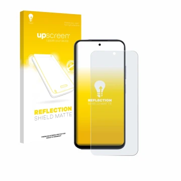 Parte frontal de un envase de producto con el logotipo de la marca upscreen. Al lado se muestra el dispositivo Oppo A6x 4G con