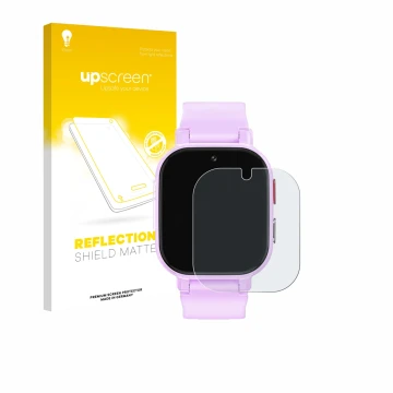 Parte frontal de un envase de producto con el logotipo de la marca upscreen. Al lado se muestra el dispositivo Alutoria Kids S