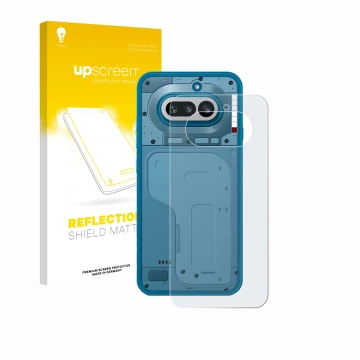 Parte frontal de un envase de producto con el logotipo de la marca upscreen. Al lado se muestra el dispositivo Nothing Phone (