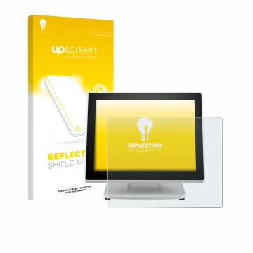 Parte frontal de un envase de producto con el logotipo de la marca upscreen. Al lado se muestra el dispositivo Posiflex PS-361