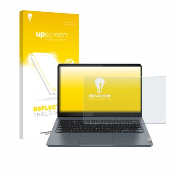 Parte frontal de un envase de producto con el logotipo de la marca upscreen. Al lado se muestra el dispositivo Lenovo IdeaPad 