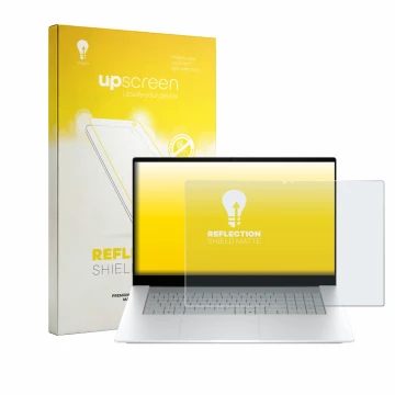 Parte frontal de un envase de producto con el logotipo de la marca upscreen. Al lado se muestra el dispositivo HP OmniBook X 1