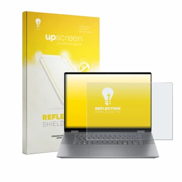 Parte frontal de un envase de producto con el logotipo de la marca upscreen. Al lado se muestra el dispositivo HP OmniBook X F