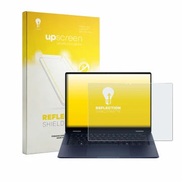 Parte frontal de un envase de producto con el logotipo de la marca upscreen. Al lado se muestra el dispositivo HP EliteBook X 