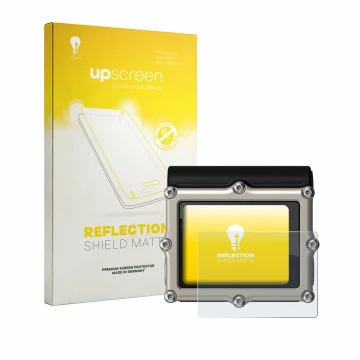 Parte frontal de un envase de producto con el logotipo de la marca upscreen. Al lado se muestra el dispositivo Shearwater Petr