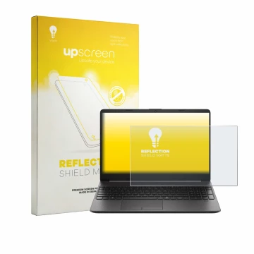 Parte frontal de un envase de producto con el logotipo de la marca upscreen. Al lado se muestra el dispositivo HP EliteBook 25