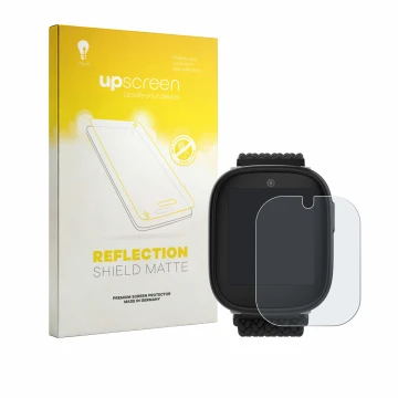 Parte frontal de un envase de producto con el logotipo de la marca upscreen. Al lado se muestra el dispositivo Xplora X6 Play 