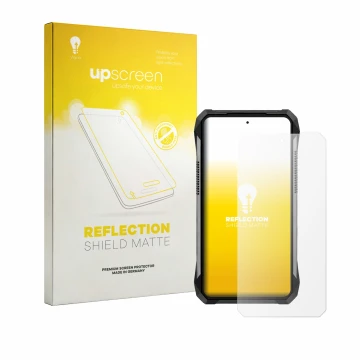 Parte frontal de un envase de producto con el logotipo de la marca upscreen. Al lado se muestra el dispositivo Unihertz 8849 T