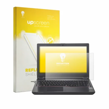 Parte frontal de un envase de producto con el logotipo de la marca upscreen. Al lado se muestra el dispositivo Fujitsu Celsius