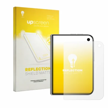 Parte frontal de un envase de producto con el logotipo de la marca upscreen. Al lado se muestra el dispositivo Apple iPhone Du