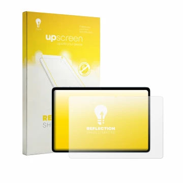 Parte frontal de un envase de producto con el logotipo de la marca upscreen. Al lado se muestra el dispositivo Teclast P35 con