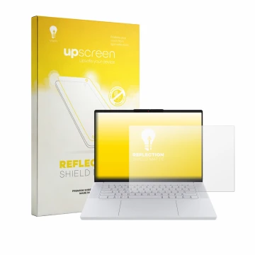 Parte frontal de un envase de producto con el logotipo de la marca upscreen. Al lado se muestra el dispositivo Lenovo Googlebo