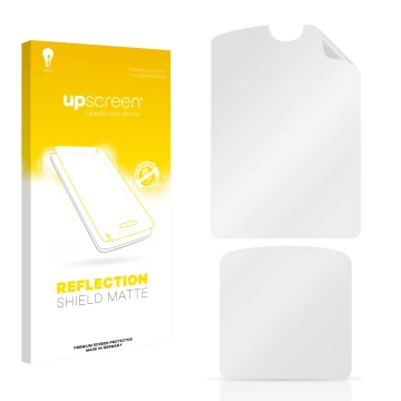 Parte frontal de un envase de producto con el logotipo de la marca upscreen. Al lado está el protector de pantalla correspondi