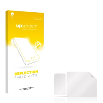 Parte frontal de un envase de producto con el logotipo de la marca upscreen. Al lado está el protector de pantalla correspondi