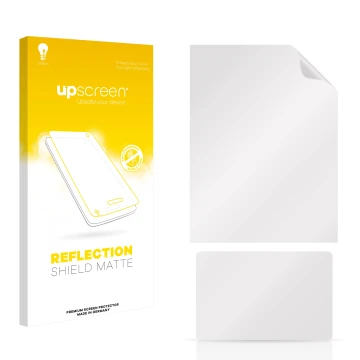 Parte frontal de un envase de producto con el logotipo de la marca upscreen. Al lado está el protector de pantalla correspondi