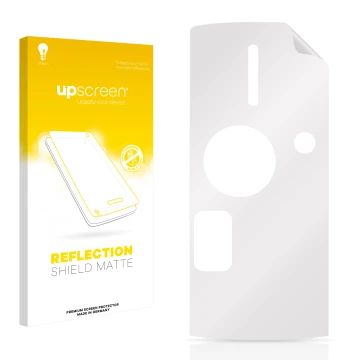 Parte frontal de un envase de producto con el logotipo de la marca upscreen. Al lado está el protector de pantalla correspondi