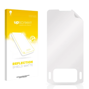 Parte frontal de un envase de producto con el logotipo de la marca upscreen. Al lado está el protector de pantalla correspondi