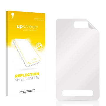 Parte frontal de un envase de producto con el logotipo de la marca upscreen. Al lado está el protector de pantalla correspondi