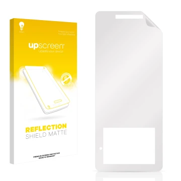 Parte frontal de un envase de producto con el logotipo de la marca upscreen. Al lado está el protector de pantalla correspondi