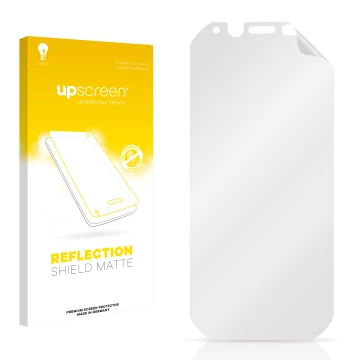 Parte frontal de un envase de producto con el logotipo de la marca upscreen. Al lado está el protector de pantalla correspondi