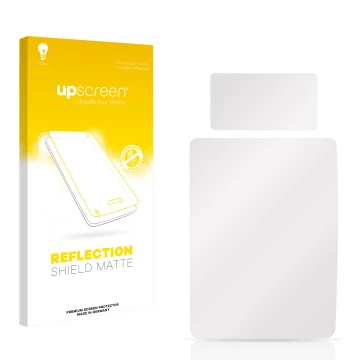 Parte frontal de un envase de producto con el logotipo de la marca upscreen. Al lado está el protector de pantalla correspondi