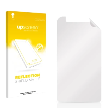 Parte frontal de un envase de producto con el logotipo de la marca upscreen. Al lado está el protector de pantalla correspondi