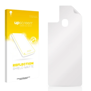 Parte frontal de un envase de producto con el logotipo de la marca upscreen. Al lado está el protector de pantalla correspondi
