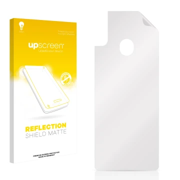 Parte frontal de un envase de producto con el logotipo de la marca upscreen. Al lado está el protector de pantalla correspondi