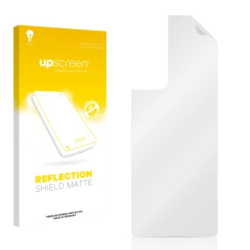 Parte frontal de un envase de producto con el logotipo de la marca upscreen. Al lado está el protector de pantalla correspondi