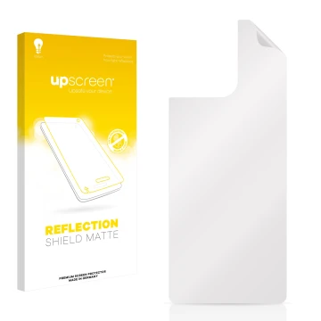 Parte frontal de un envase de producto con el logotipo de la marca upscreen. Al lado está el protector de pantalla correspondi
