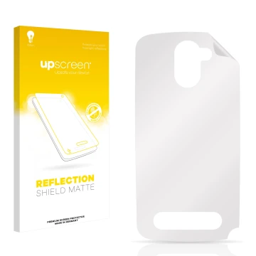 Parte frontal de un envase de producto con el logotipo de la marca upscreen. Al lado está el protector de pantalla correspondi