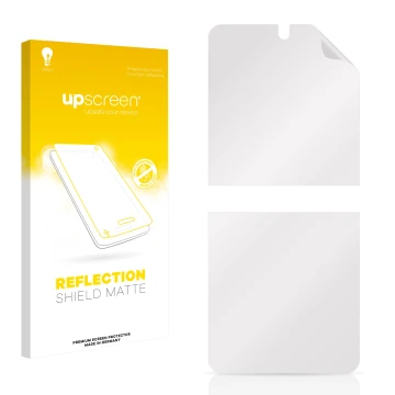 Parte frontal de un envase de producto con el logotipo de la marca upscreen. Al lado está el protector de pantalla correspondi