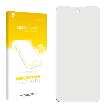 Parte frontal de un envase de producto con el logotipo de la marca upscreen. Al lado está el protector de pantalla correspondi