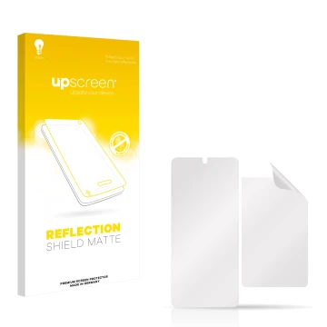 Parte frontal de un envase de producto con el logotipo de la marca upscreen. Al lado está el protector de pantalla correspondi