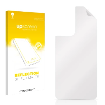 Parte frontal de un envase de producto con el logotipo de la marca upscreen. Al lado está el protector de pantalla correspondi