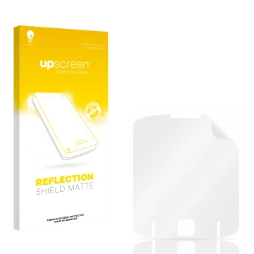 Parte frontal de un envase de producto con el logotipo de la marca upscreen. Al lado está el protector de pantalla correspondi