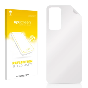 Parte frontal de un envase de producto con el logotipo de la marca upscreen. Al lado está el protector de pantalla correspondi