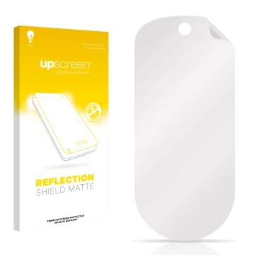 Parte frontal de un envase de producto con el logotipo de la marca upscreen. Al lado está el protector de pantalla correspondi