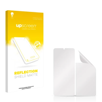 Parte frontal de un envase de producto con el logotipo de la marca upscreen. Al lado está el protector de pantalla correspondi
