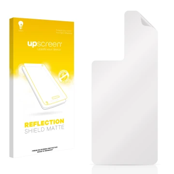 Parte frontal de un envase de producto con el logotipo de la marca upscreen. Al lado está el protector de pantalla correspondi